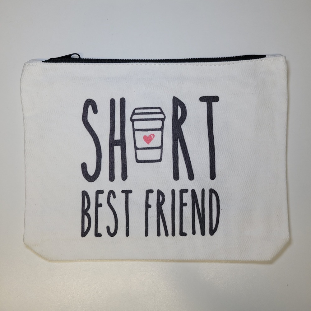 Short Best Friend Canvas Makeup Bag Zipper‎ Pouch White Coffee Heart Graphic
